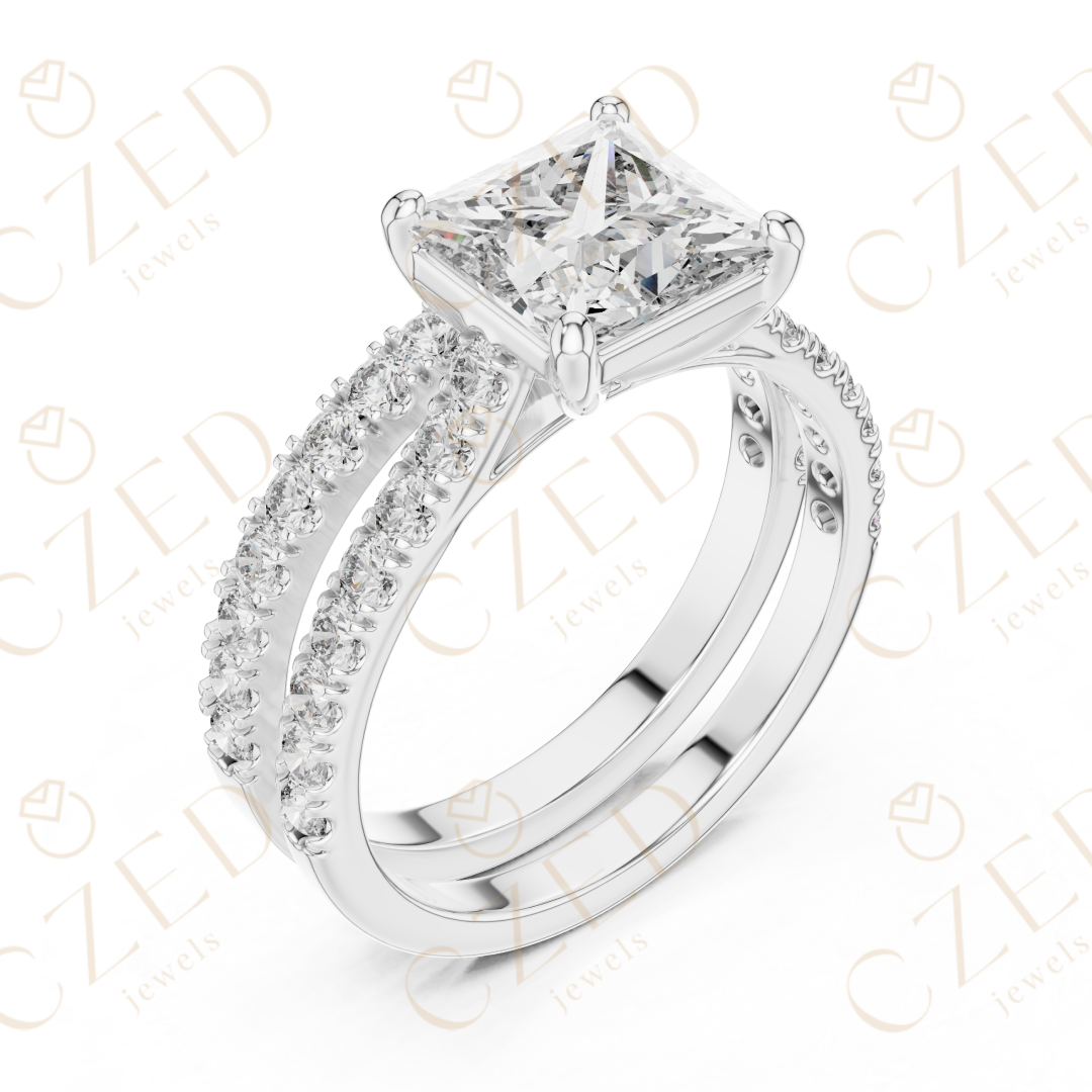 Princess Cut Diamond Split Shank Pave Engagement Ring
