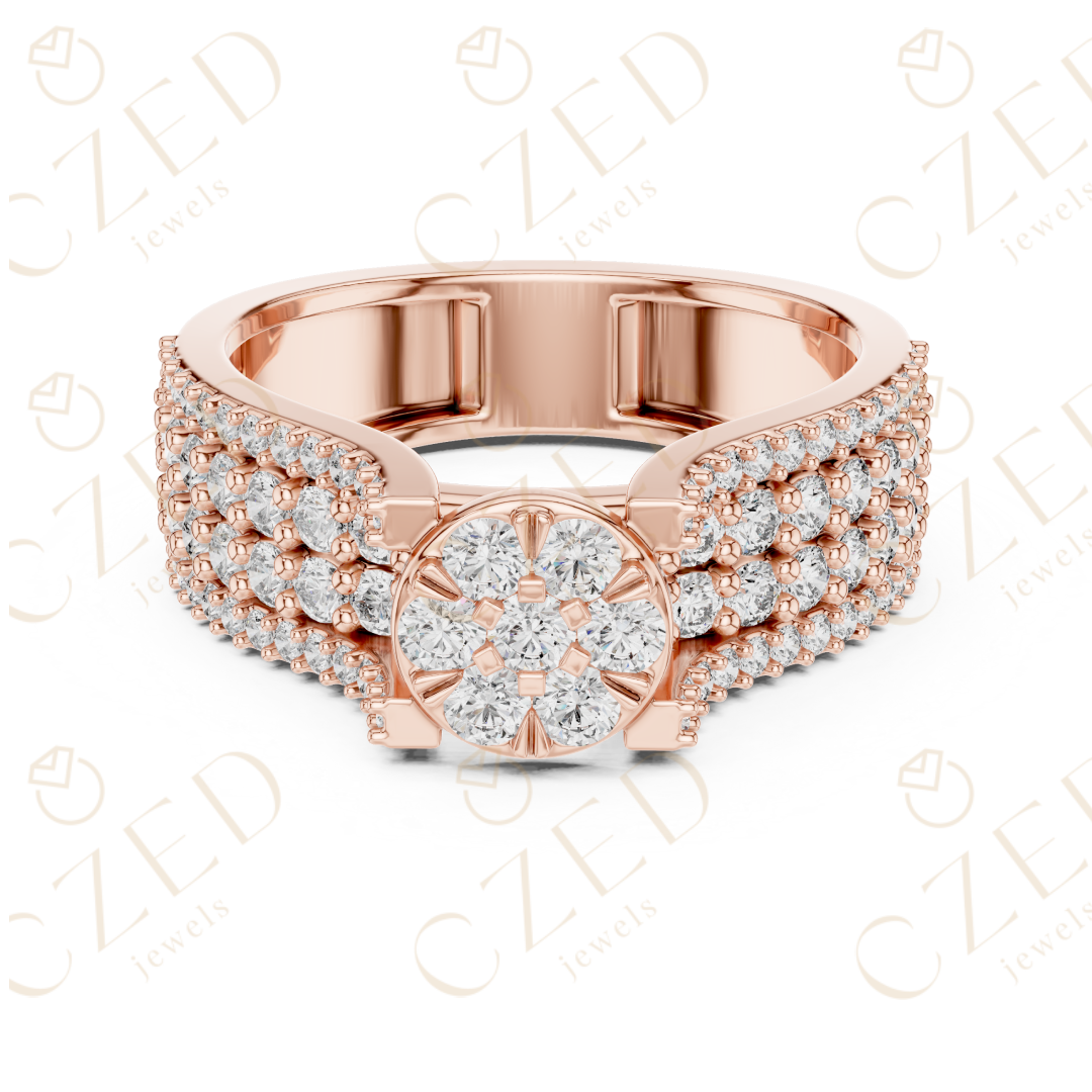 Round Brilliant Diamond Cluster Halo Band with Pavé Shoulders