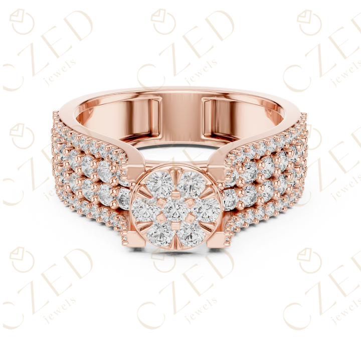 Round Brilliant Diamond Cluster Halo Band with Pavé Shoulders