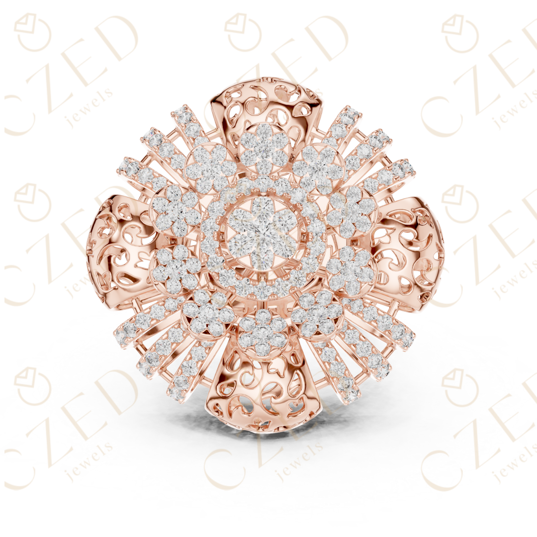 Round Brilliant Diamond Floral Halo Ring with Radiant Cluster Design