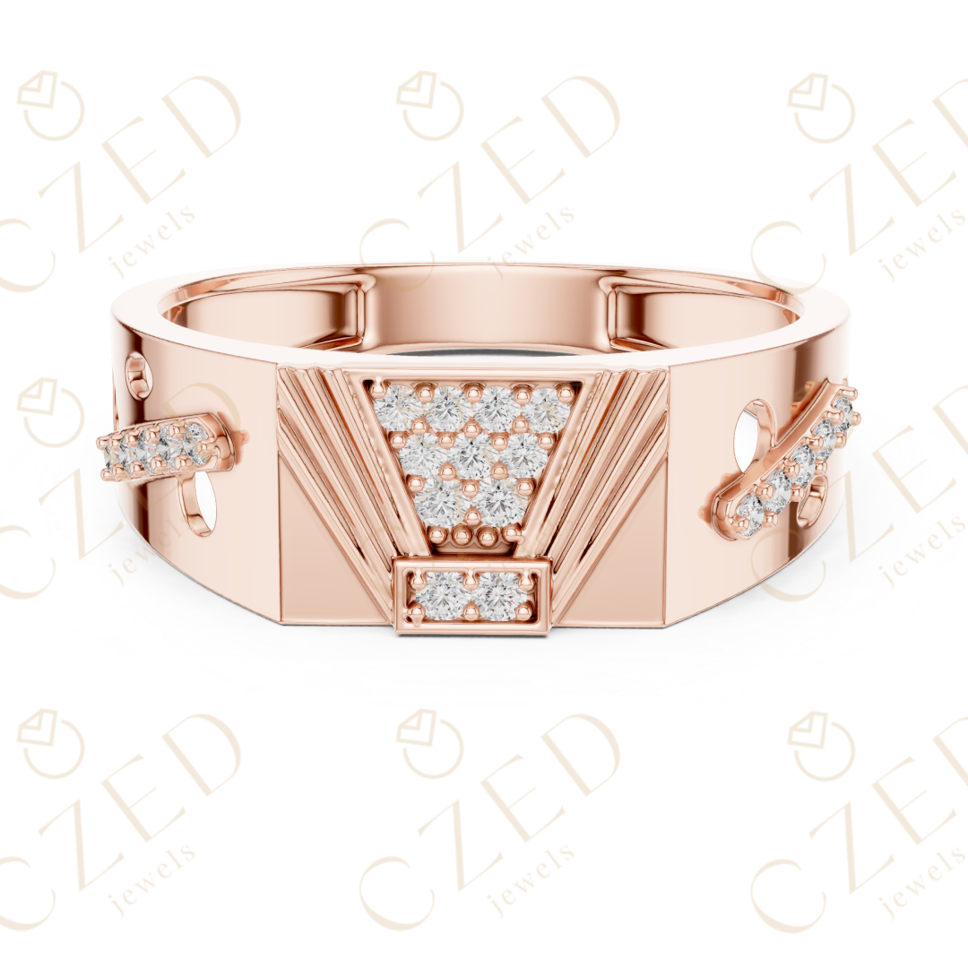 Round Cut Diamond Geometric Pavé Signet Band Ring