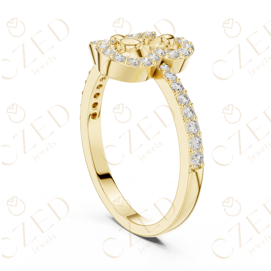 Round Cut Diamond Claddagh Heart Halo Ring with Pavé Accents