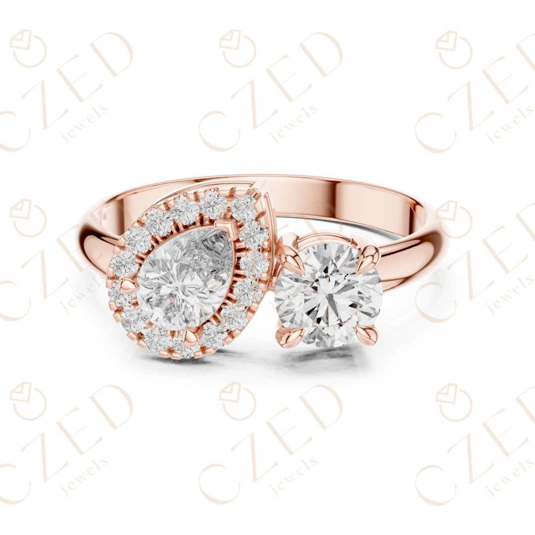 Pear and Round Cut Diamond Halo Two Stone Ring
