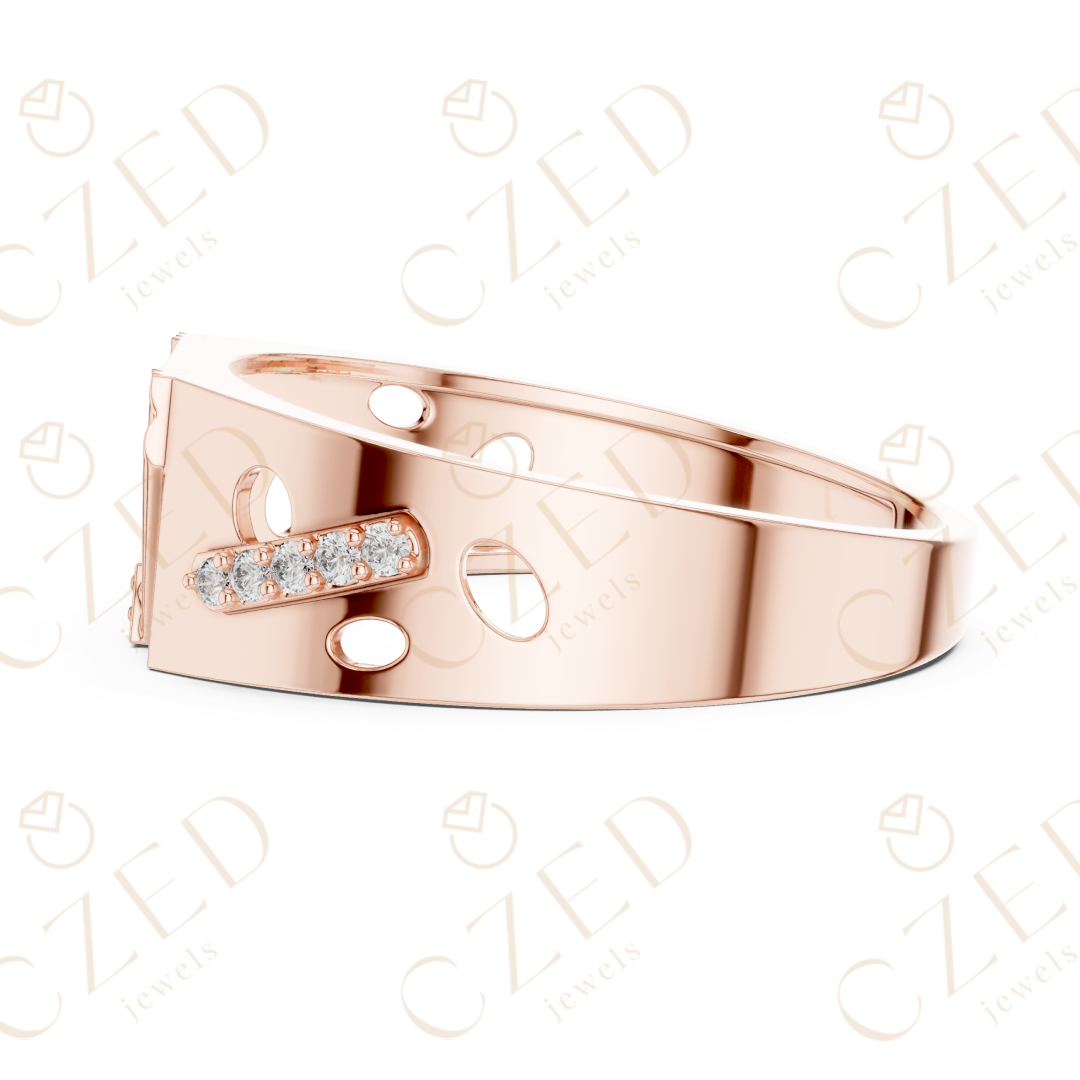 Round Cut Diamond Geometric Pavé Signet Band Ring