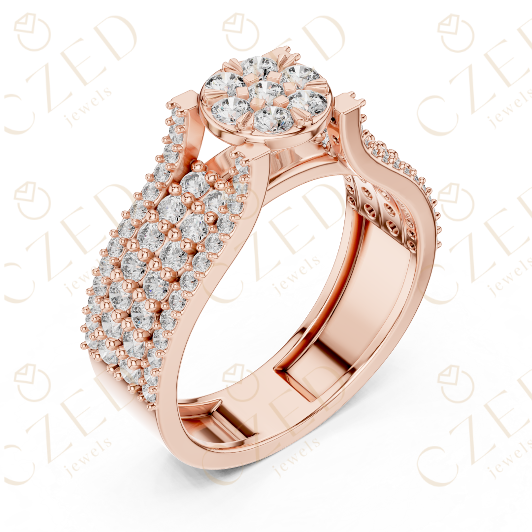 Round Brilliant Diamond Cluster Halo Band with Pavé Shoulders