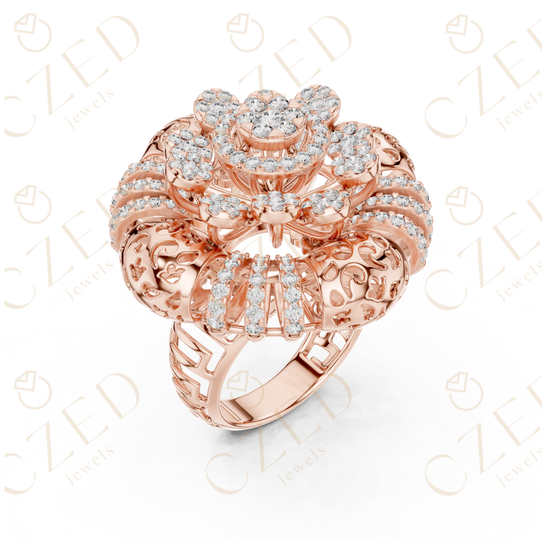 Round Brilliant Diamond Floral Halo Ring with Radiant Cluster Design