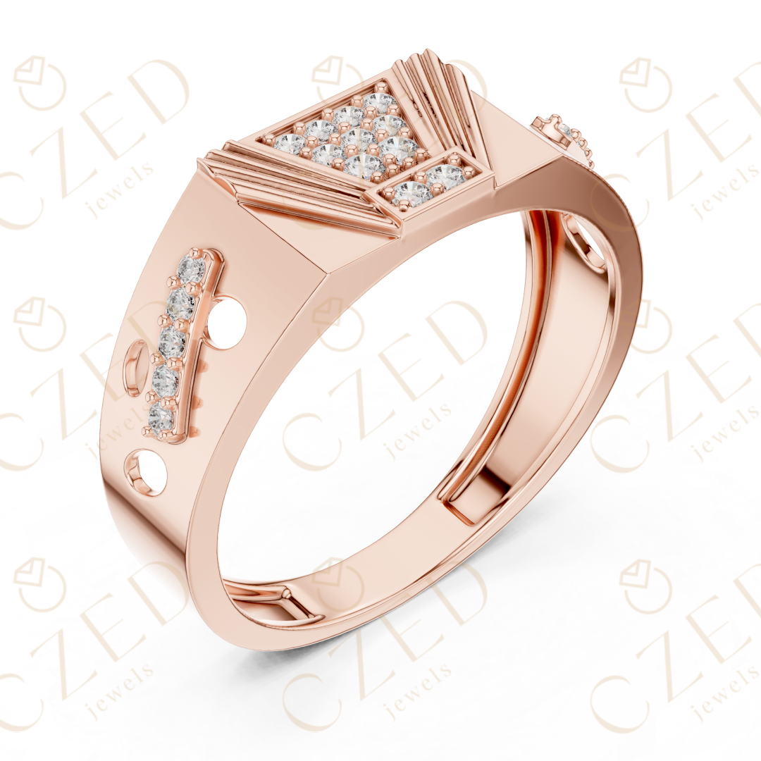 Round Cut Diamond Geometric Pavé Signet Band Ring