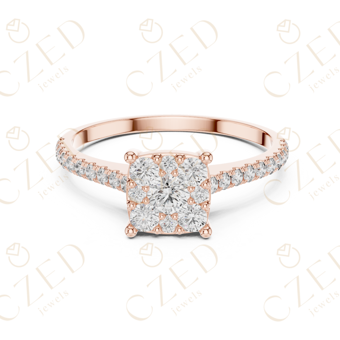 Princess Cut Diamond Cluster Ring with Pave Set Round Brilliant Accents