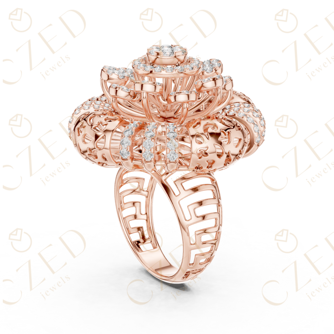 Round Brilliant Diamond Floral Halo Ring with Radiant Cluster Design