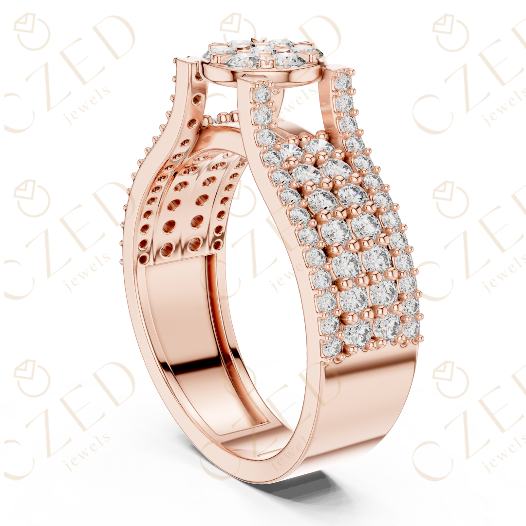 Round Brilliant Diamond Cluster Halo Band with Pavé Shoulders