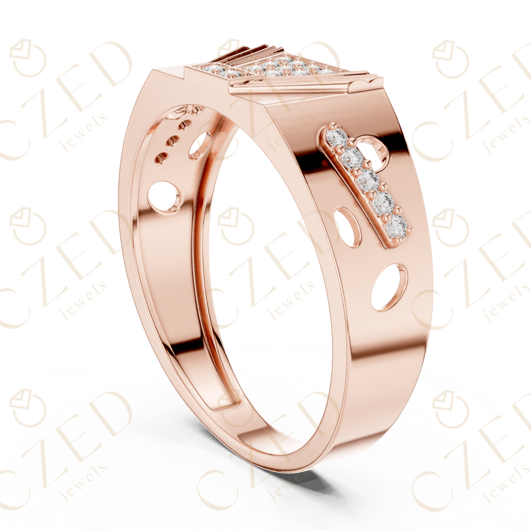 Round Cut Diamond Geometric Pavé Signet Band Ring