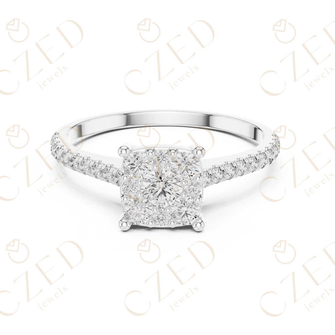 Princess Cut Diamond Cluster Ring with Pave Set Round Brilliant Accents