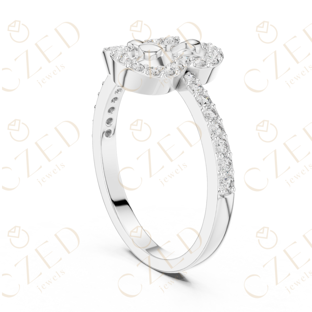 Round Cut Diamond Claddagh Heart Halo Ring with Pavé Accents