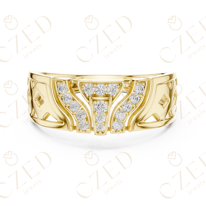 Round Cut Diamond Geometric Pavé Panel Men’s Band with Sculpted Openwork