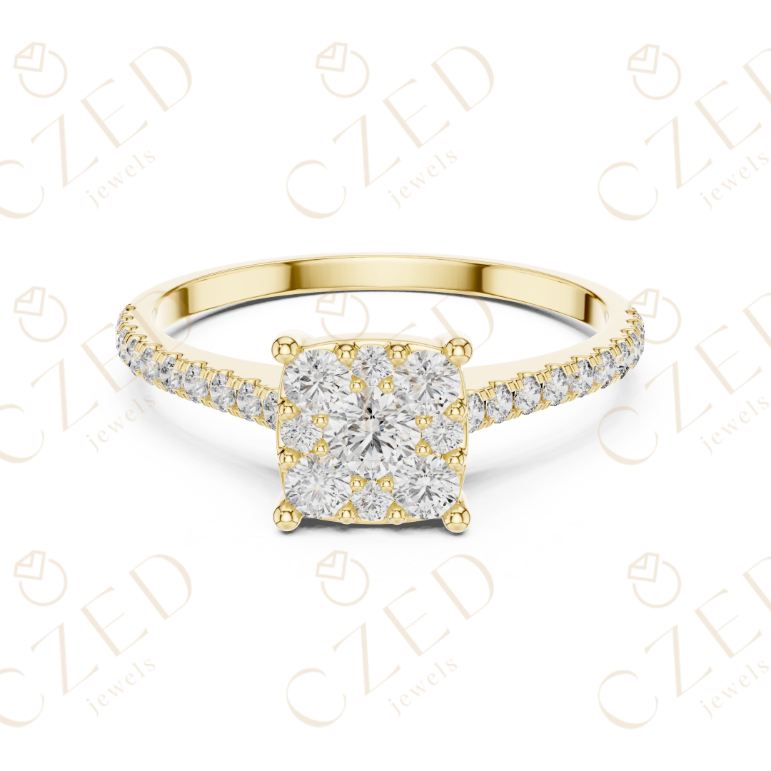 Princess Cut Diamond Cluster Ring with Pave Set Round Brilliant Accents