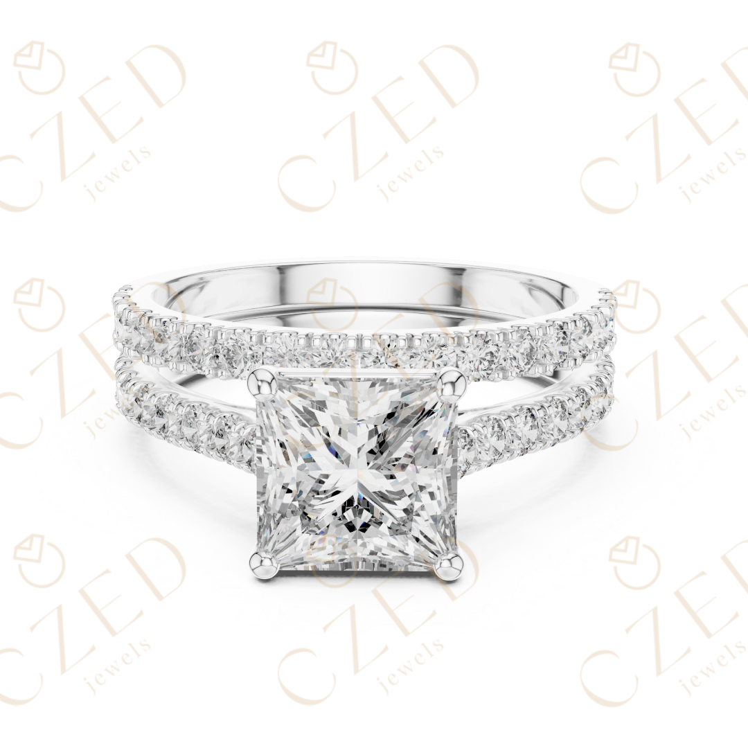 Princess Cut Diamond Split Shank Pave Engagement Ring