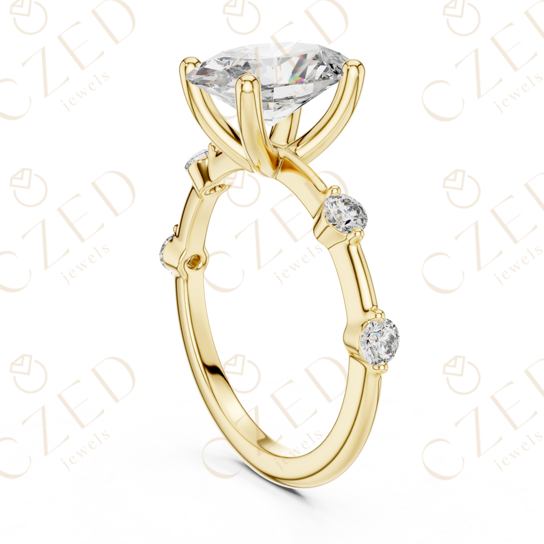 Oval Cut Diamond Ring with Round Side Stone Accents