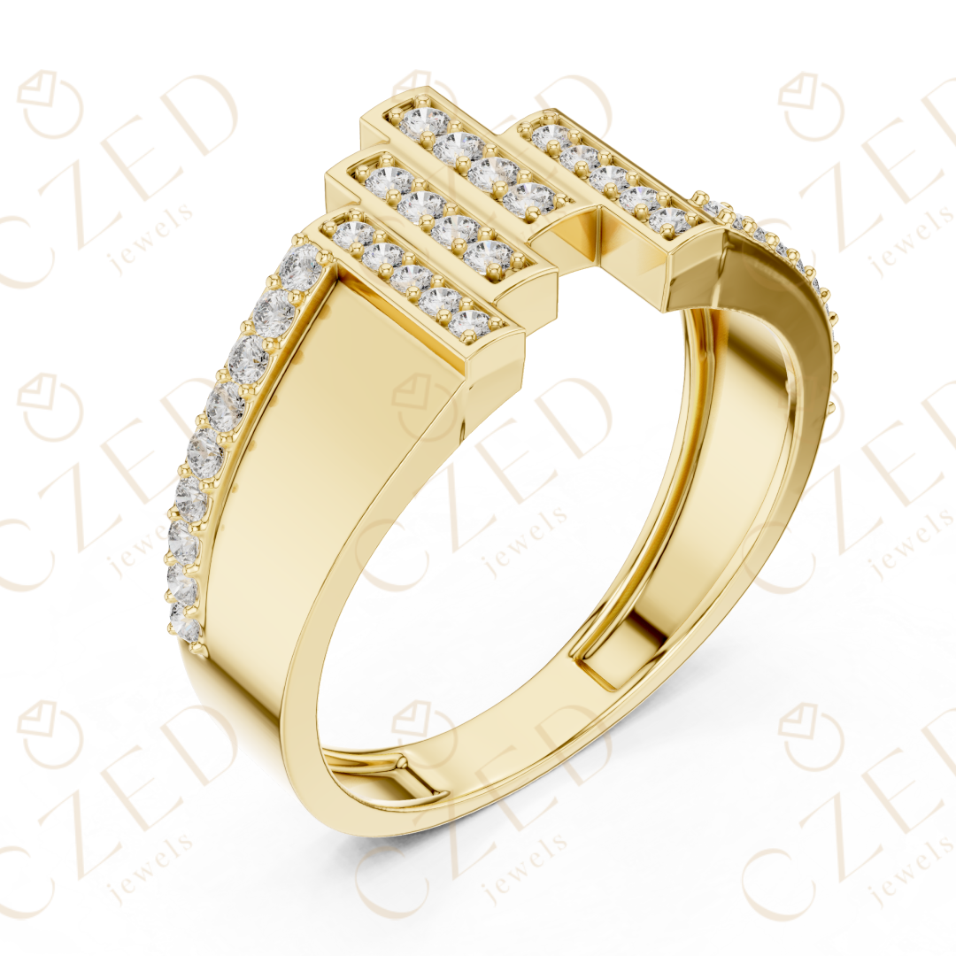 Round Brilliant Diamond Geometric Step Panel Band Ring