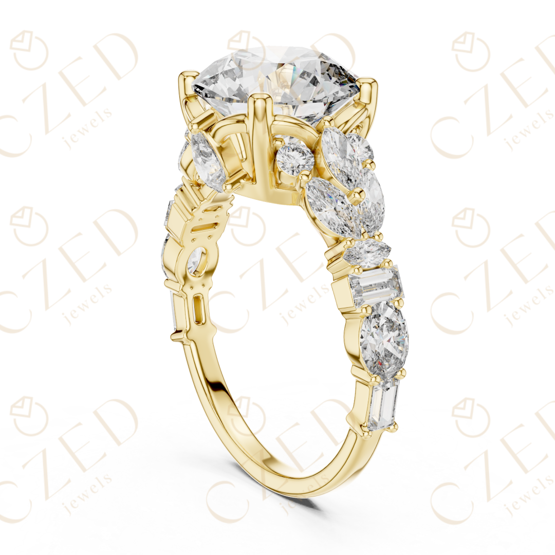 Round Cut Diamond Engagement Ring with Mixed Shape Side Stones