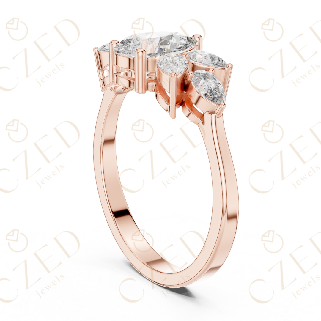 Pear Cut Diamond Floral Side Stone Ring with Elegant Petal-Inspired Brilliance