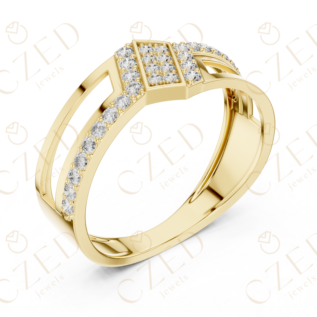 Round Cut Diamond Geometric Panel Band with Pavé Accents