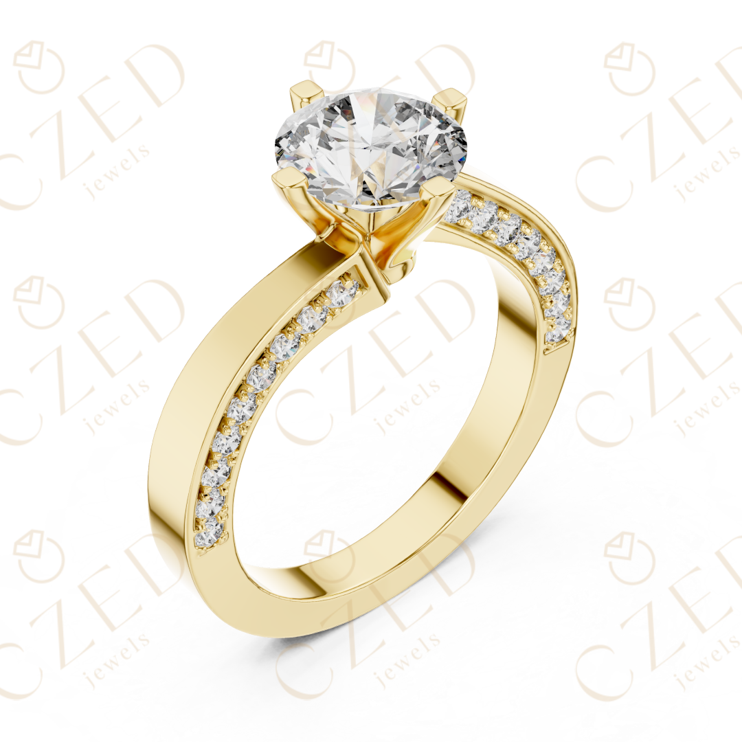Round Brilliant Solitaire Diamond Ring with Twisted Pavé Accents