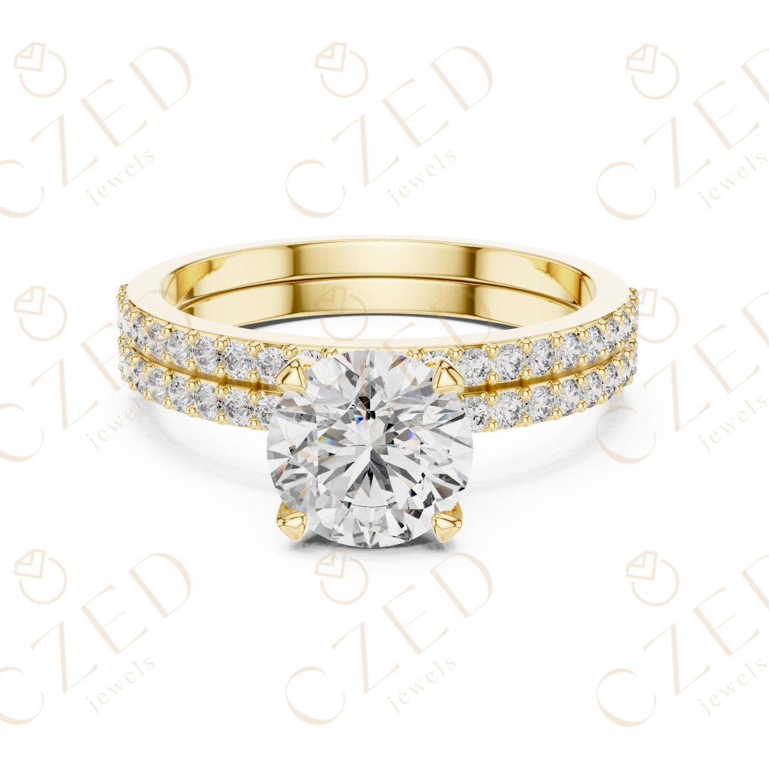 Round Brilliant Diamond Solitaire Ring with Double Row Pave Band