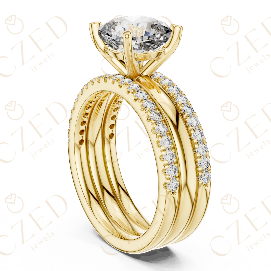 Cushion Cut Diamond Solitaire Ring with Pavé Band Stack