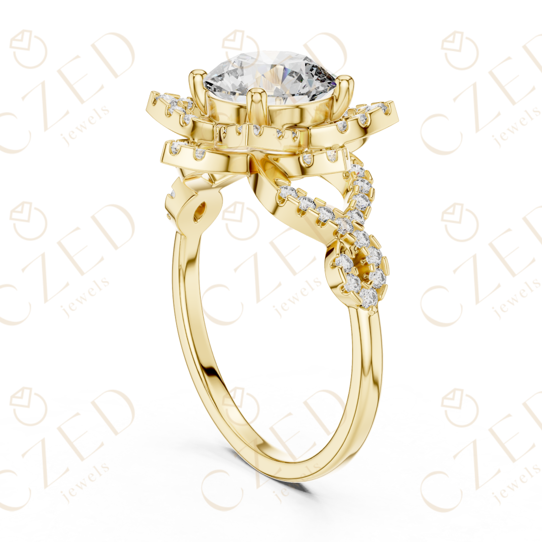 Round Cut Floral Halo Diamond Engagement Ring