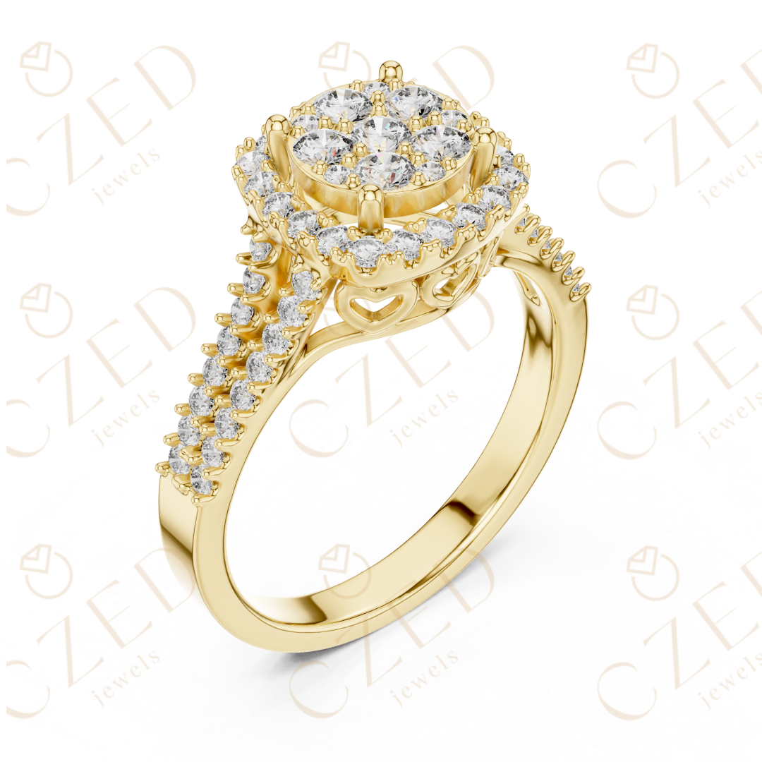 Round Diamond Cluster Halo Ring with Split Shoulder Detailing
