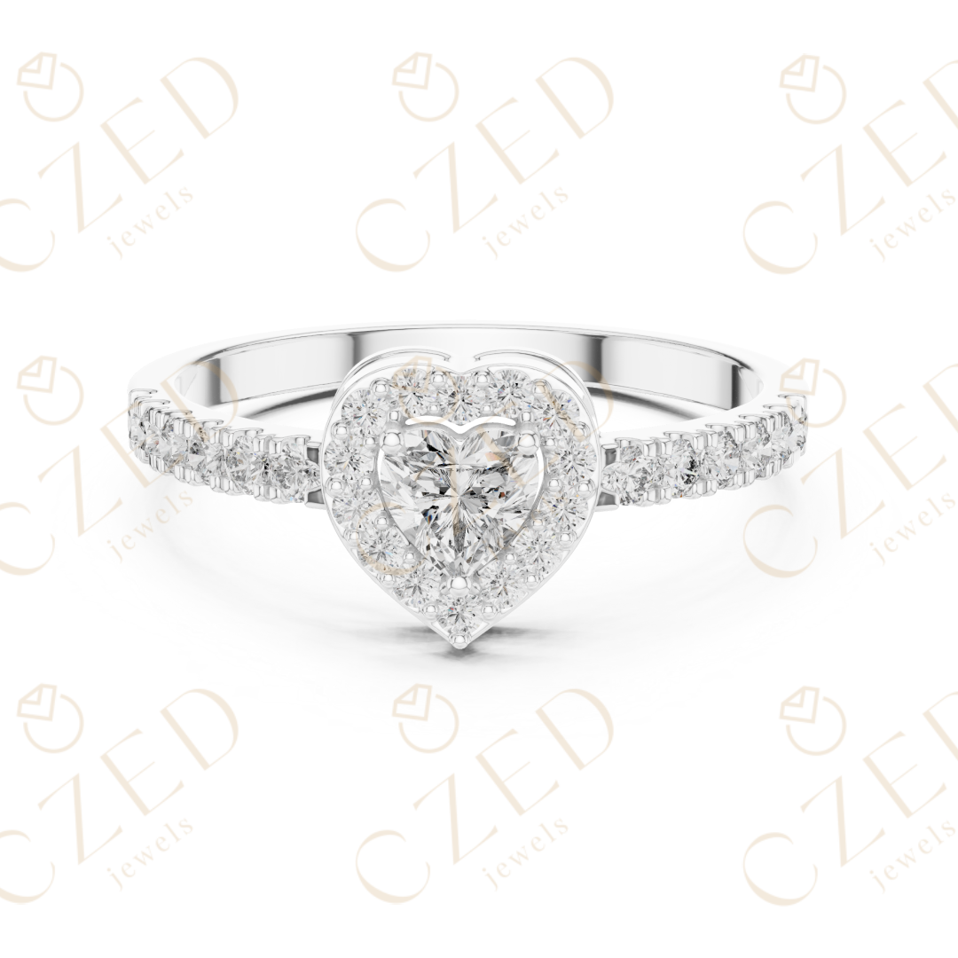 Heart Cut Diamond Halo Ring with Pavé Accented Band and Romantic Brilliance