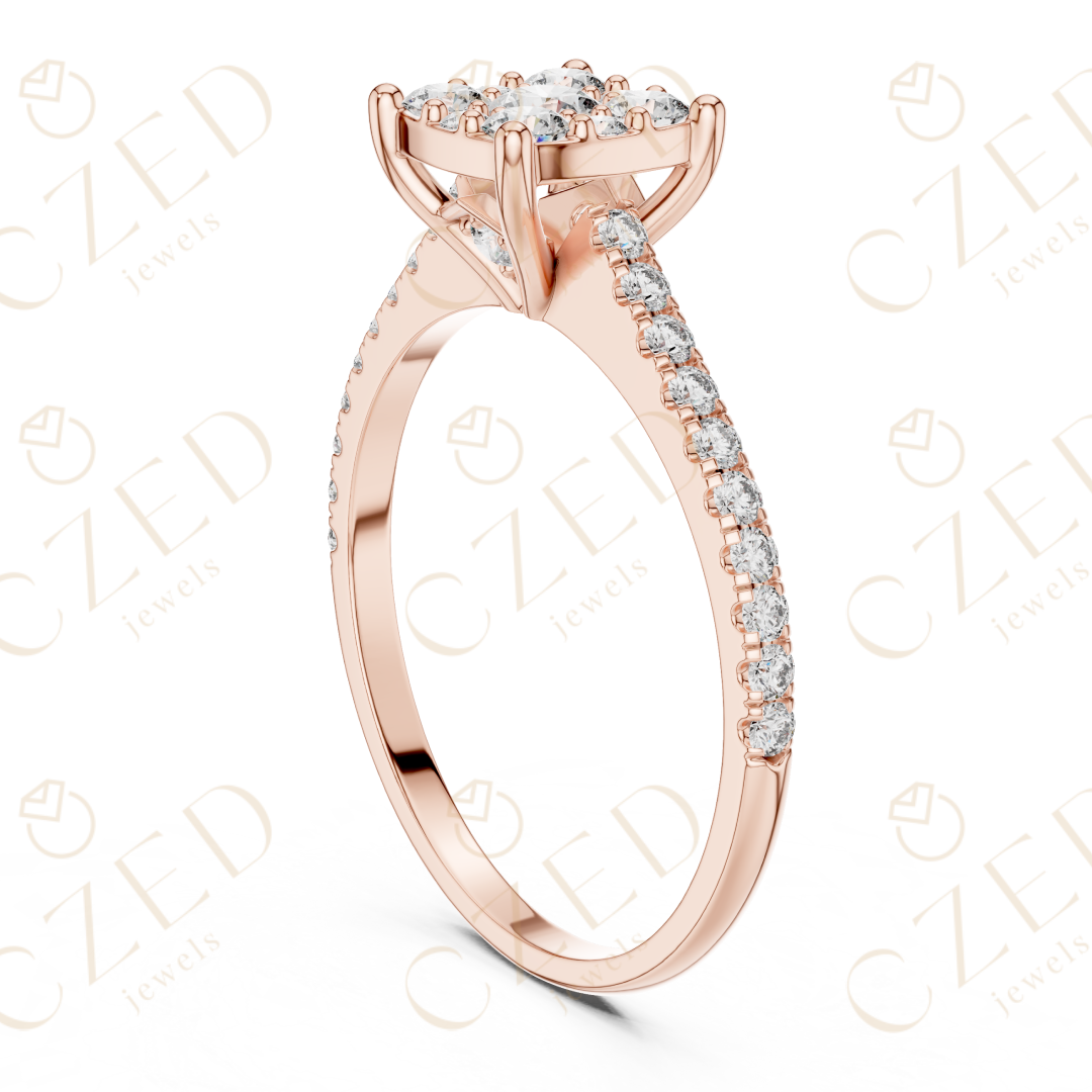 Princess Cut Diamond Cluster Ring with Pave Set Round Brilliant Accents