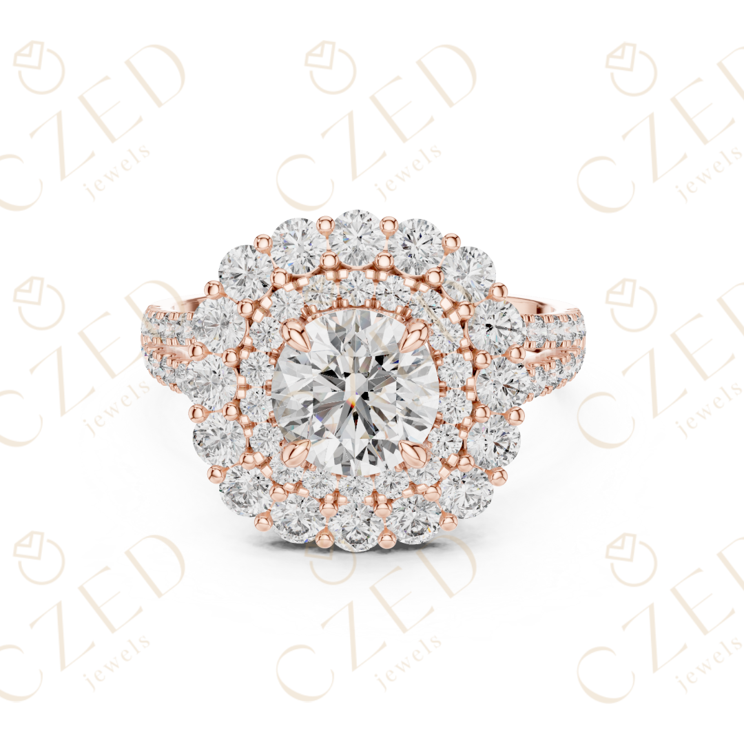Round Cut Diamond Double Halo Pave Engagement Ring
