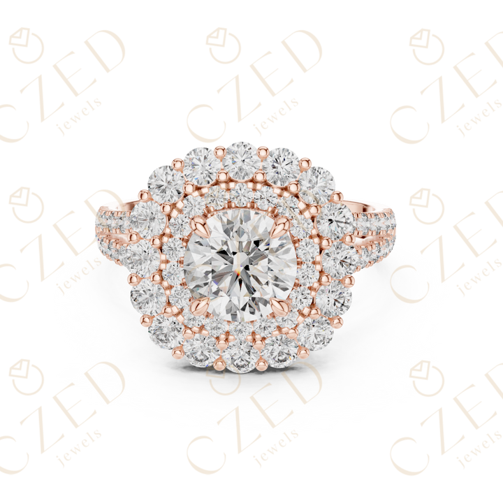 Round Cut Diamond Double Halo Pave Engagement Ring