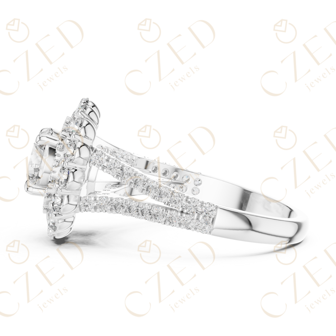 Round Cut Diamond Double Halo Pave Engagement Ring