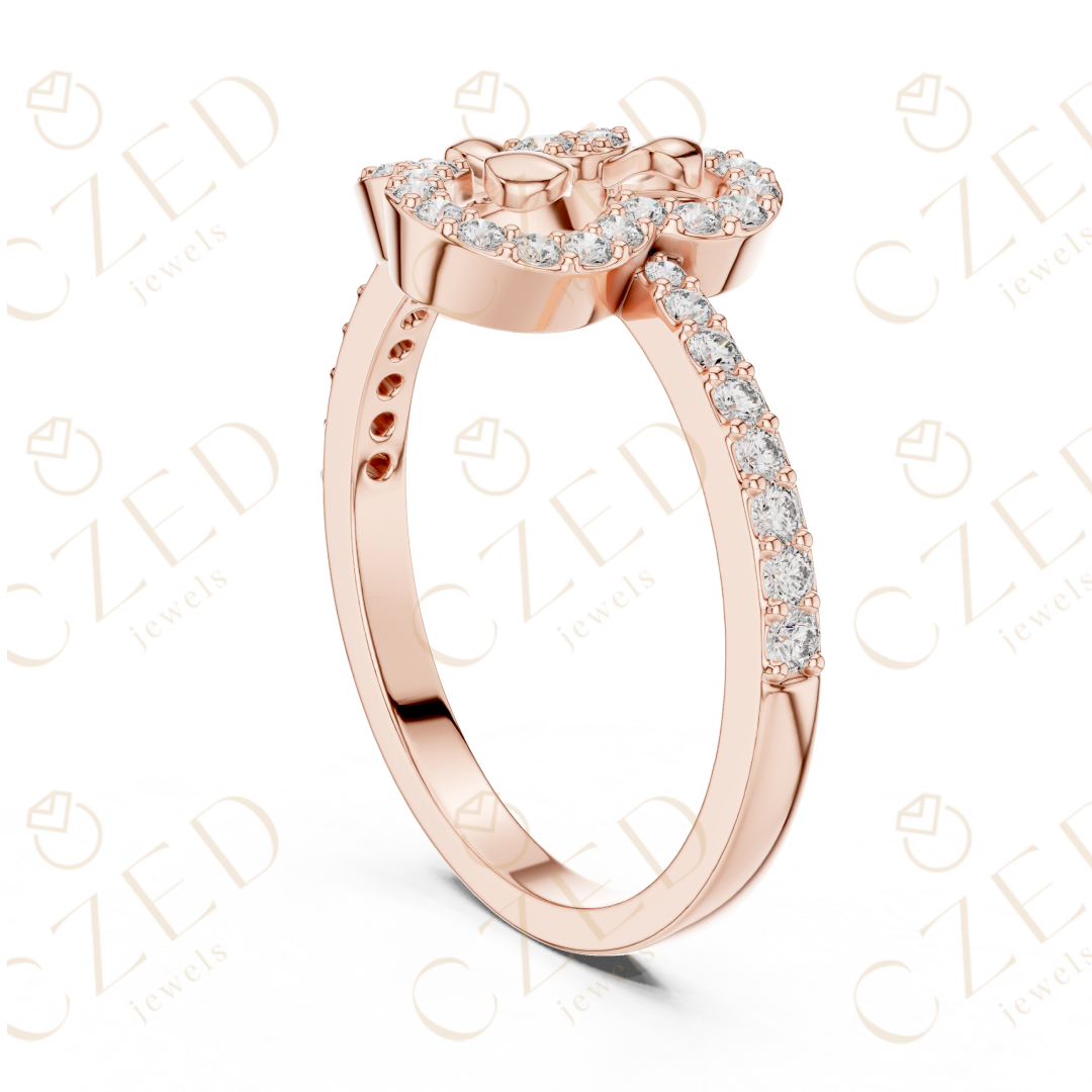 Round Cut Diamond Claddagh Heart Halo Ring with Pavé Accents