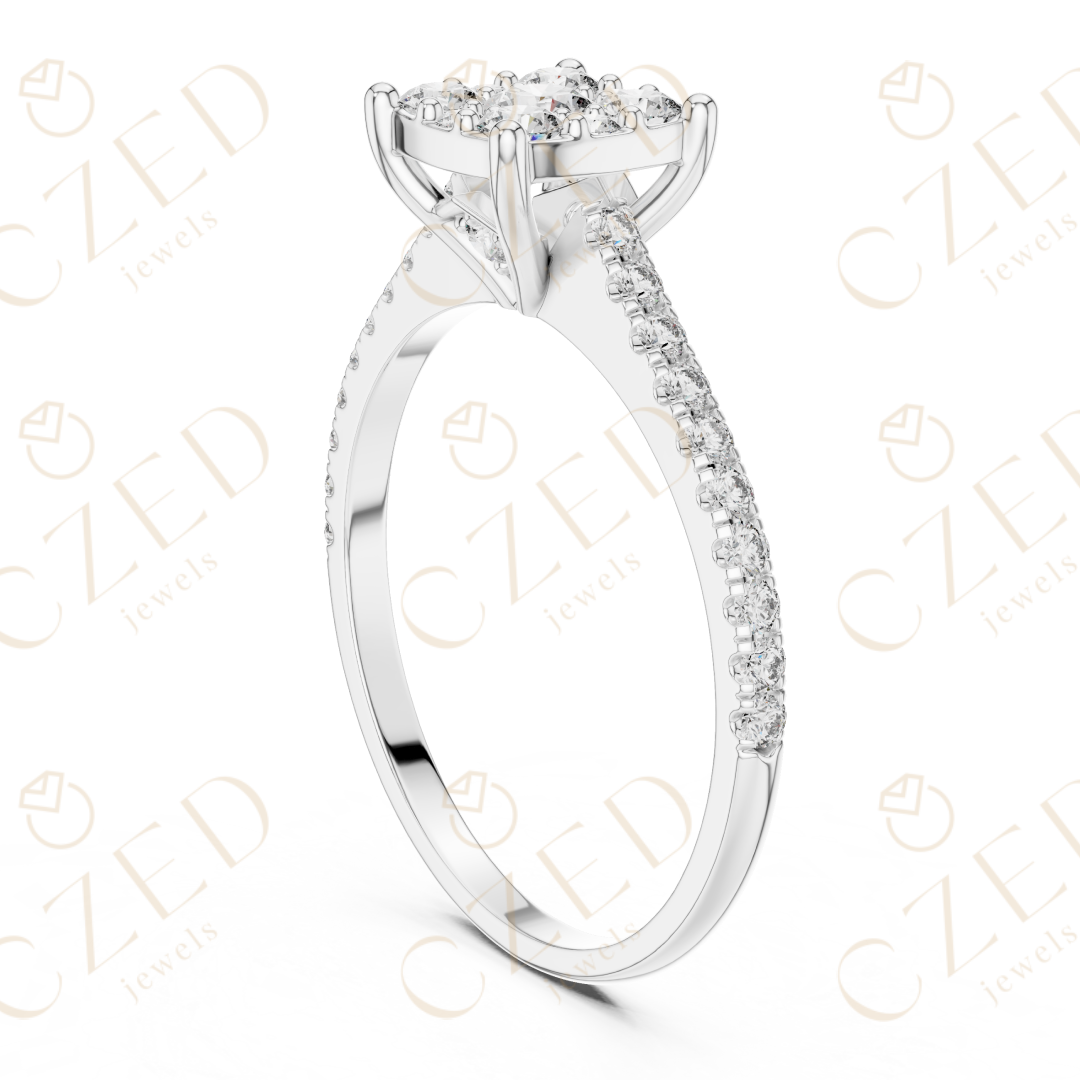 Princess Cut Diamond Cluster Ring with Pave Set Round Brilliant Accents