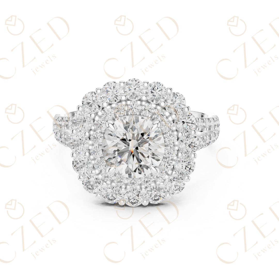 Round Cut Diamond Double Halo Pave Engagement Ring