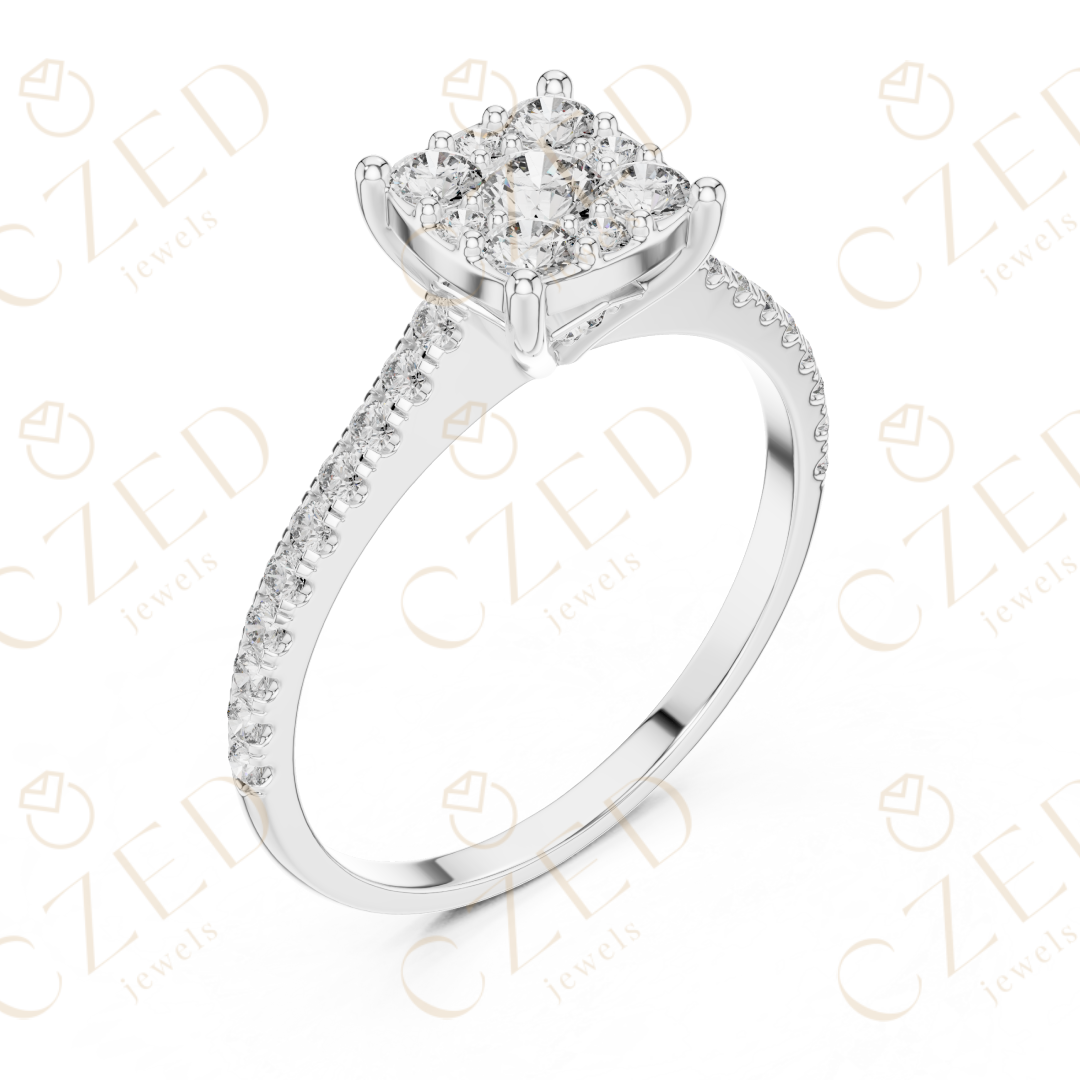 Princess Cut Diamond Cluster Ring with Pave Set Round Brilliant Accents