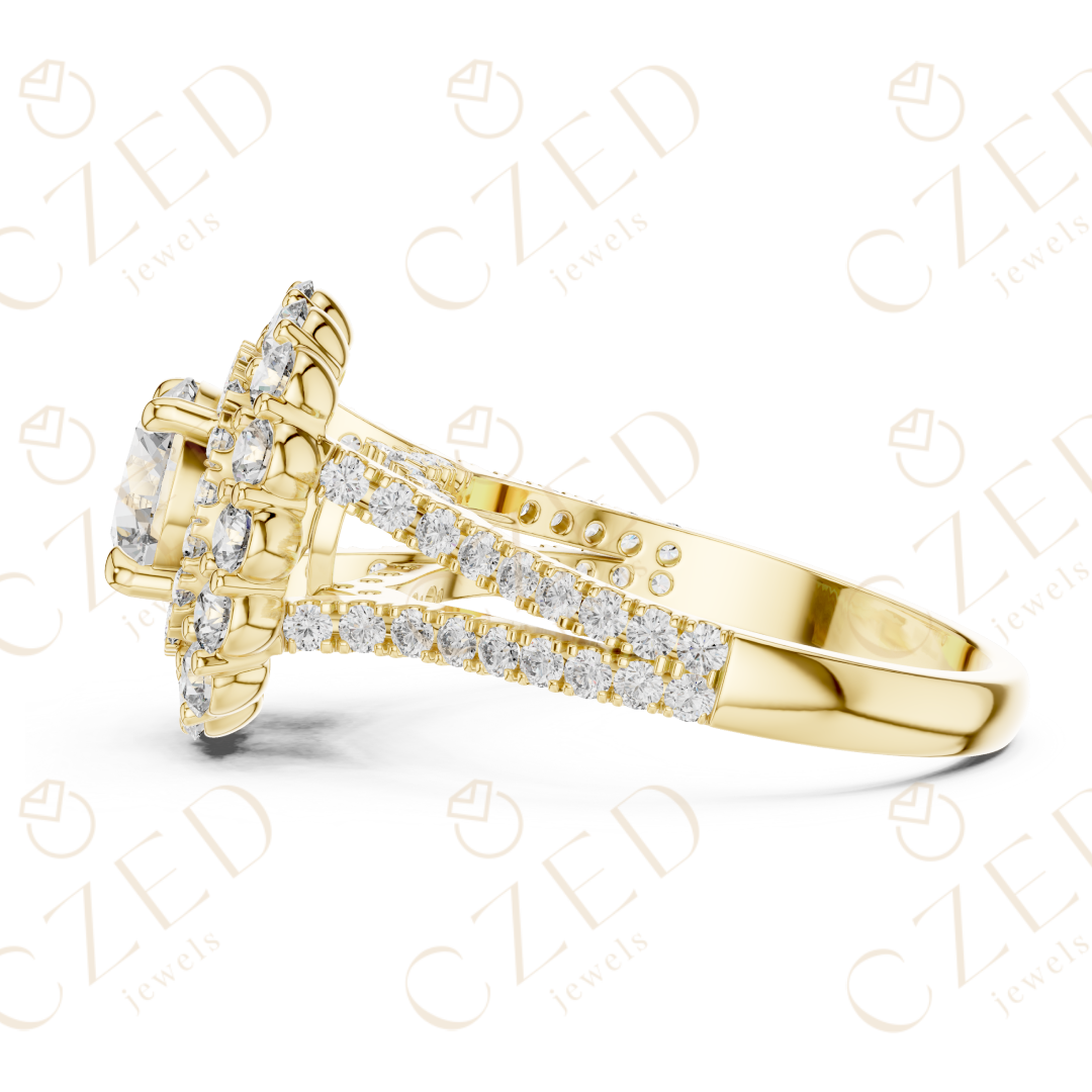 Round Cut Diamond Double Halo Pave Engagement Ring