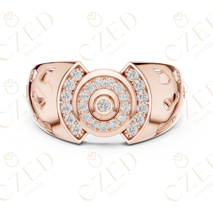 Round Cut Diamond Circular Halo Panel Men’s Band with Openwork Geometry