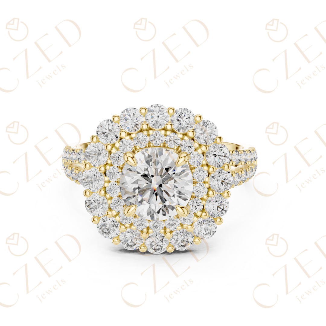 Round Cut Diamond Double Halo Pave Engagement Ring