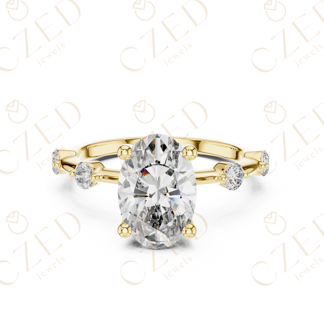Oval Cut Diamond Ring with Round Side Stone Accents