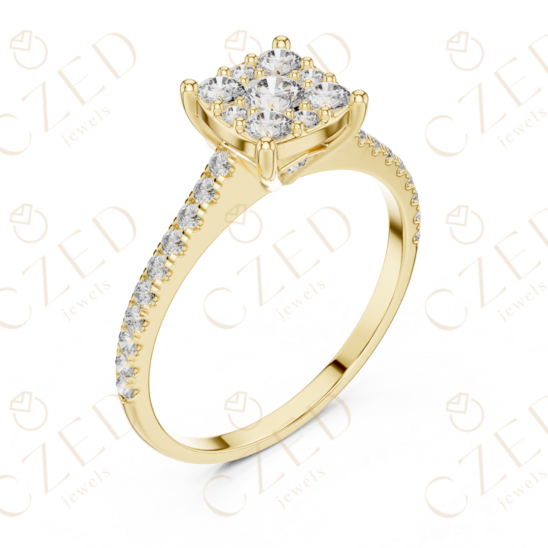 Princess Cut Diamond Cluster Ring with Pave Set Round Brilliant Accents