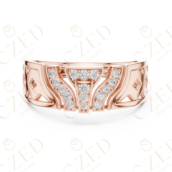 Round Cut Diamond Geometric Pavé Panel Men’s Band with Sculpted Openwork