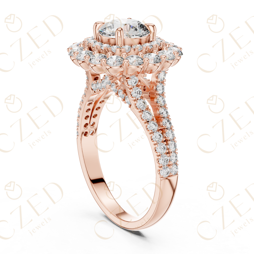 Round Cut Diamond Double Halo Pave Engagement Ring