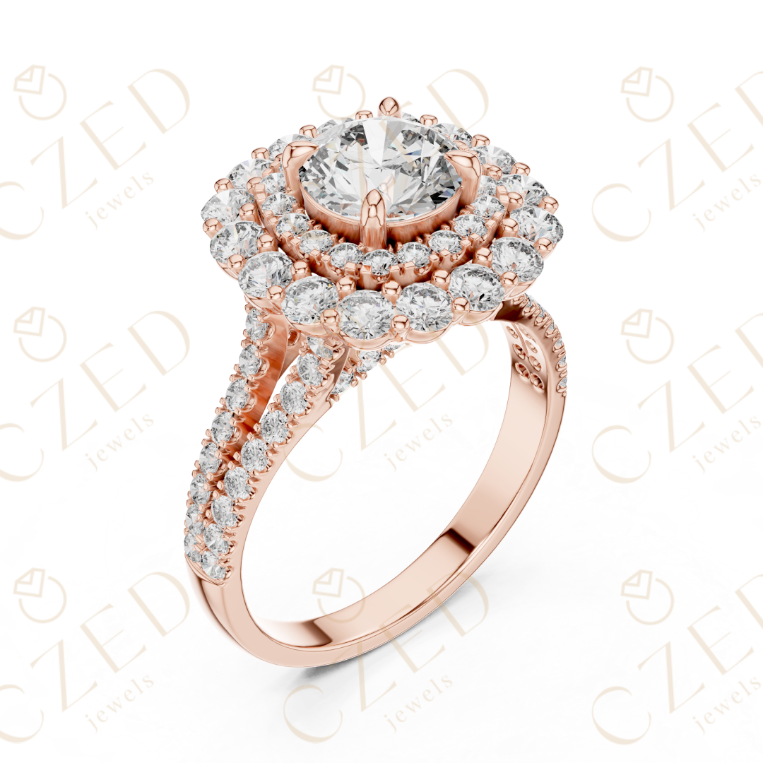 Round Cut Diamond Double Halo Pave Engagement Ring