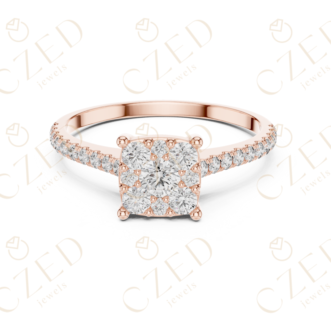 Princess Cut Diamond Cluster Ring with Pave Set Round Brilliant Accents
