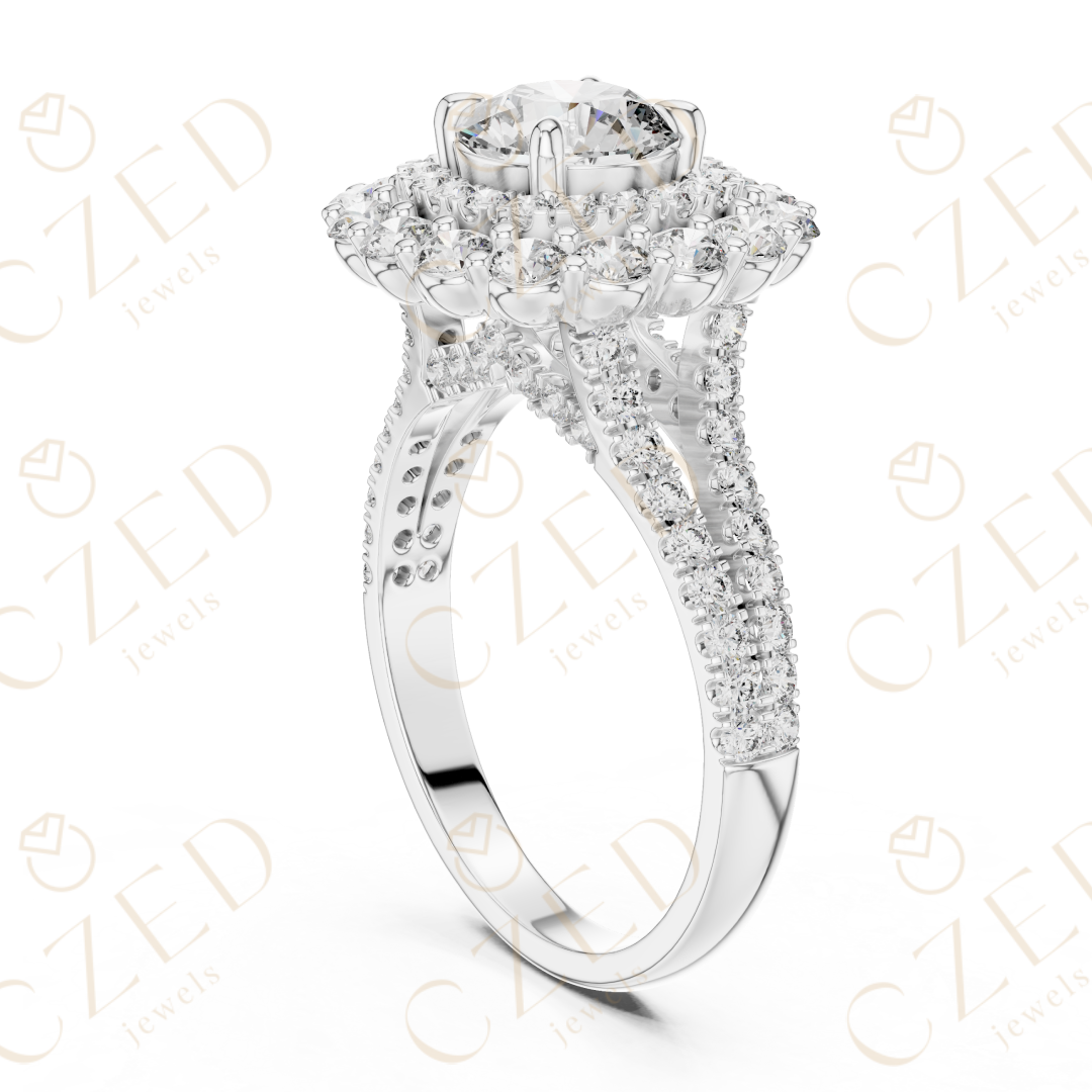 Round Cut Diamond Double Halo Pave Engagement Ring