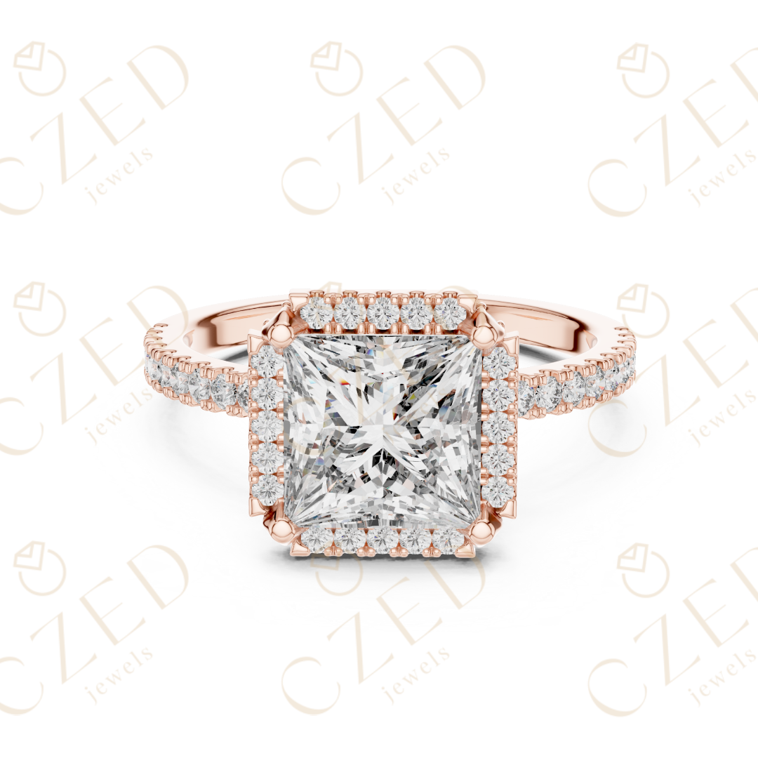 Princess Cut Halo Diamond Engagement Ring with Pavé Set Brilliance
